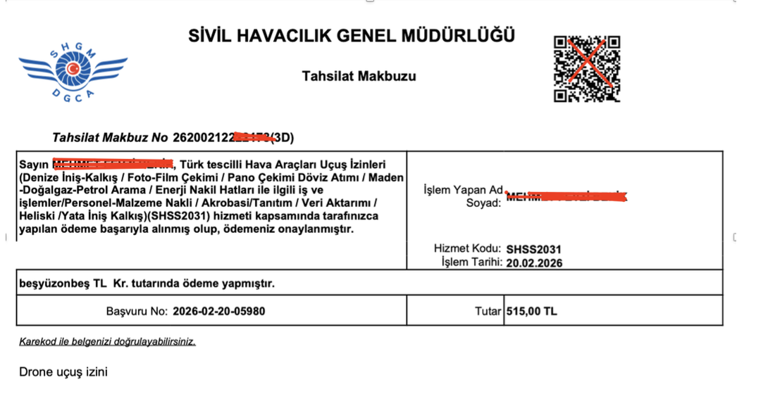 KDM-ERP uçuş izni ödeme makbuzu örneği